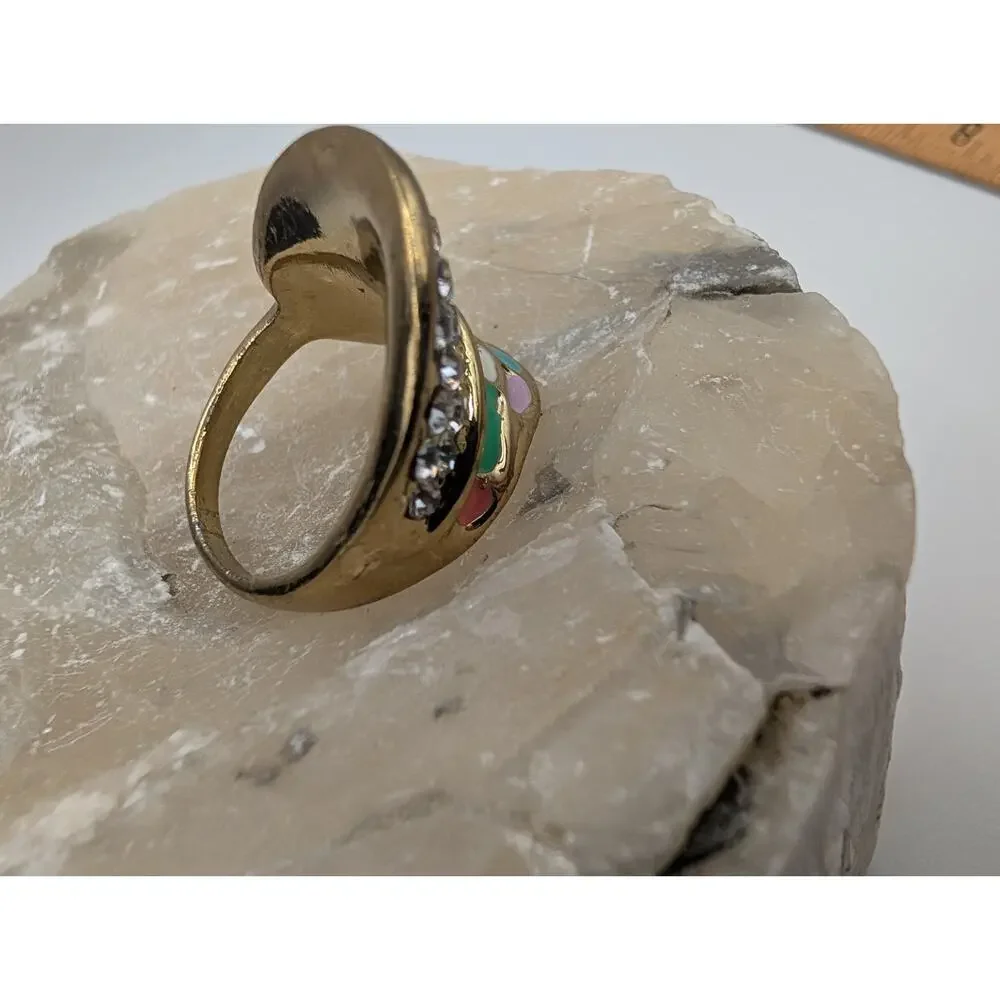 Fashion Statement Ring Gold Tone Clear Rhinestones Multi-Color Enamel Hearts Sz